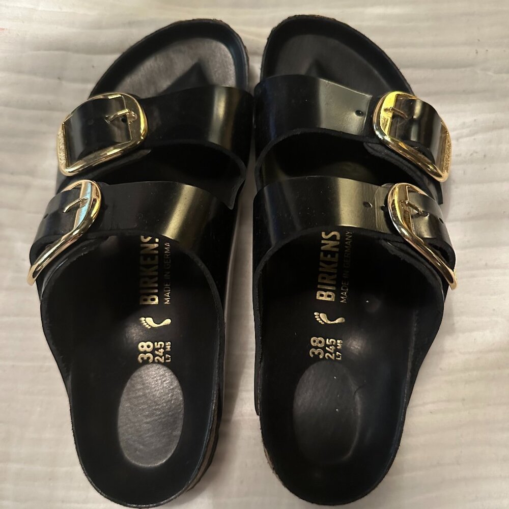 Birkenstock Arizona High Shine Big Buckle Sandals - Black Patent with Gold